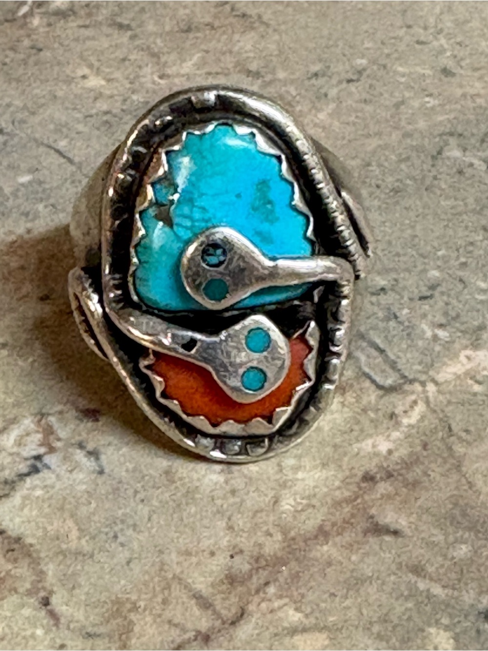 EFFIE C. Zuni Native American Ring with 2 Snakes Motif of Turquoise & Coral